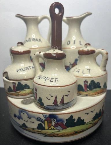 Vtg 50's Fred Roberts Ceramic Nautical 7 Piece Condiments Set Made in Japan