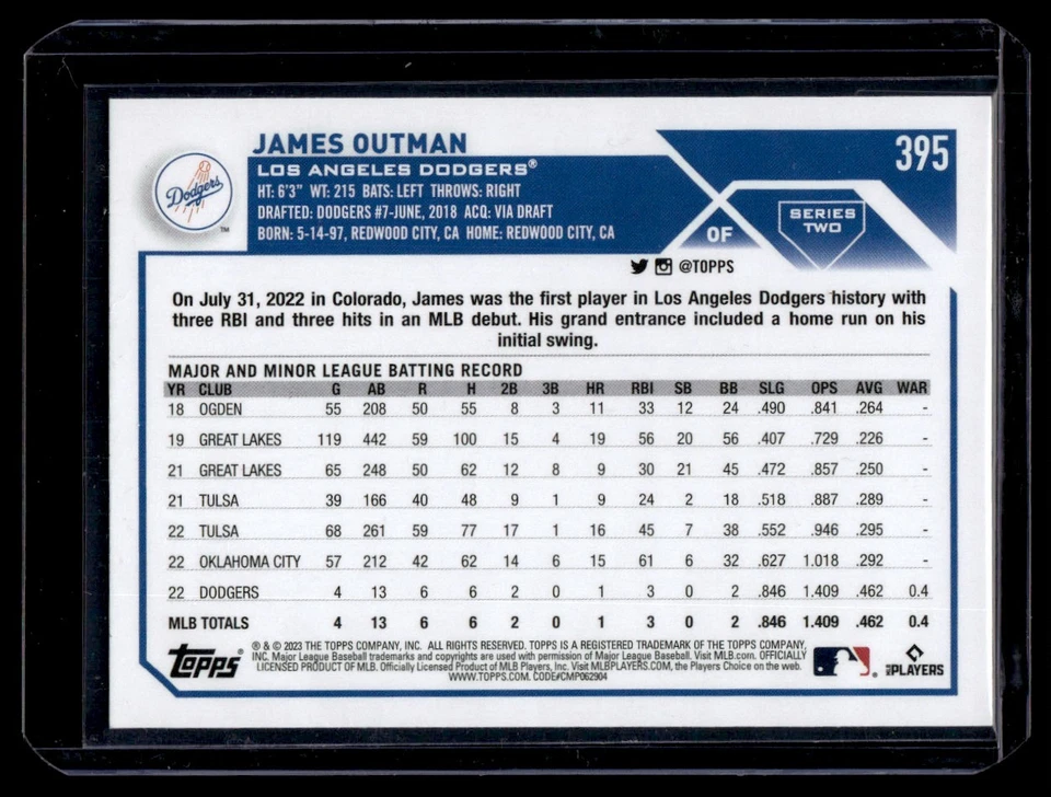 2023 Topps Series 2 Gold Star James Outman Rookie Los Angeles Dodgers #395 - Image 2 of 2