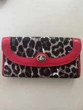 COACH PARK OCELOT PRINT W/RED TRIM SLIM ENVELOPE BI-FOLD WALLET