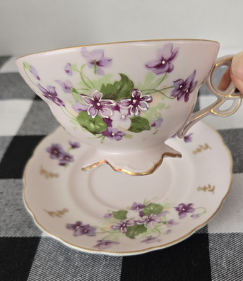 Teacup & Saucer Fancy Violets Gold Trim Unique Open Loop Handle Footed Base