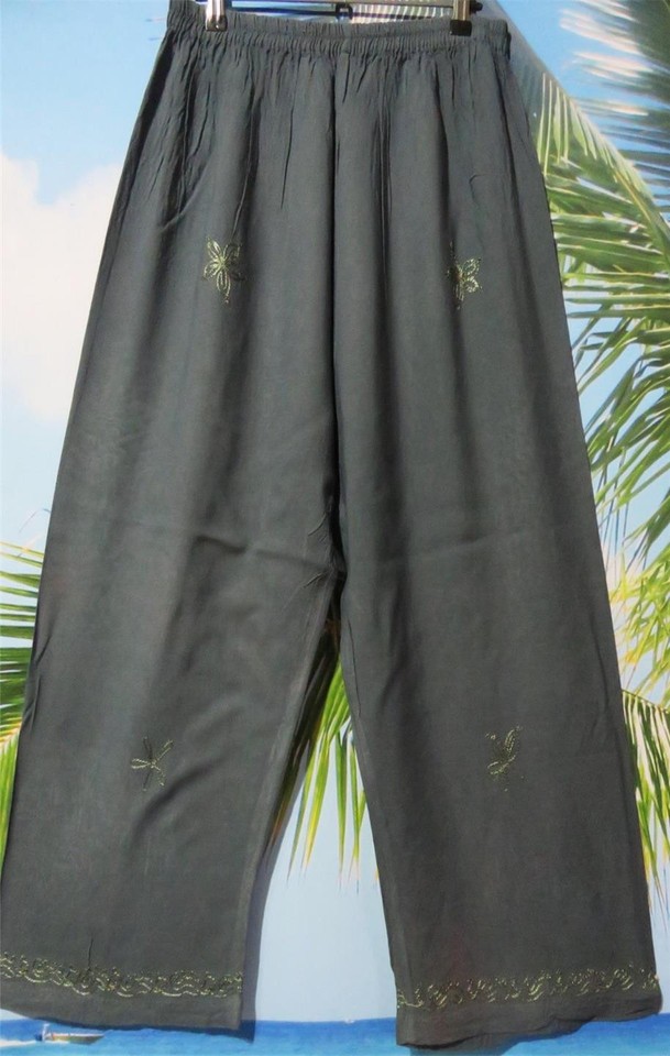 Boho cropped 3/4 embroidered rayon palazzo pants elastic waist XXXL 74 - 114 CMS