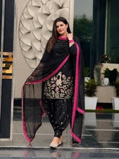 Women's Readymade Black Faux Georgette Top Dhoti Set with Embroidered Dupatta In