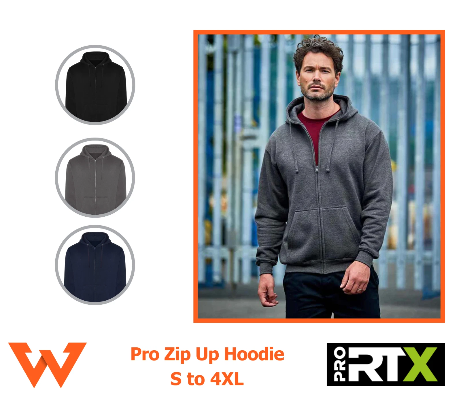 Men's Pro RTX Pro Workwear Zip Up Hoodie Brushed inner fleece Size S to 4XL