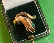 Vintage 14ct Gold Hand Ring Emerald/Diamond To Finger Size P Stamped Weight 4.2g