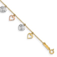 14K Tri-Color Gold Textured Heart Dangle Bracelet 7.25"