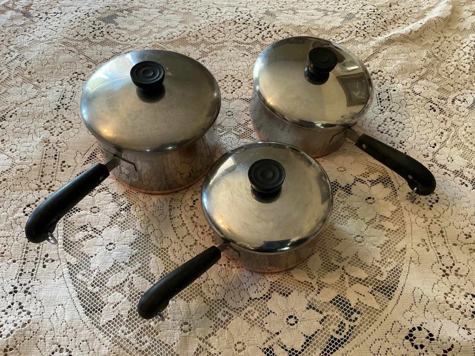 1801 Revere Ware Pre 1968 Copper Clad Bottom Saucepans 3 ~2 ~& 1 qt Set With Lid
