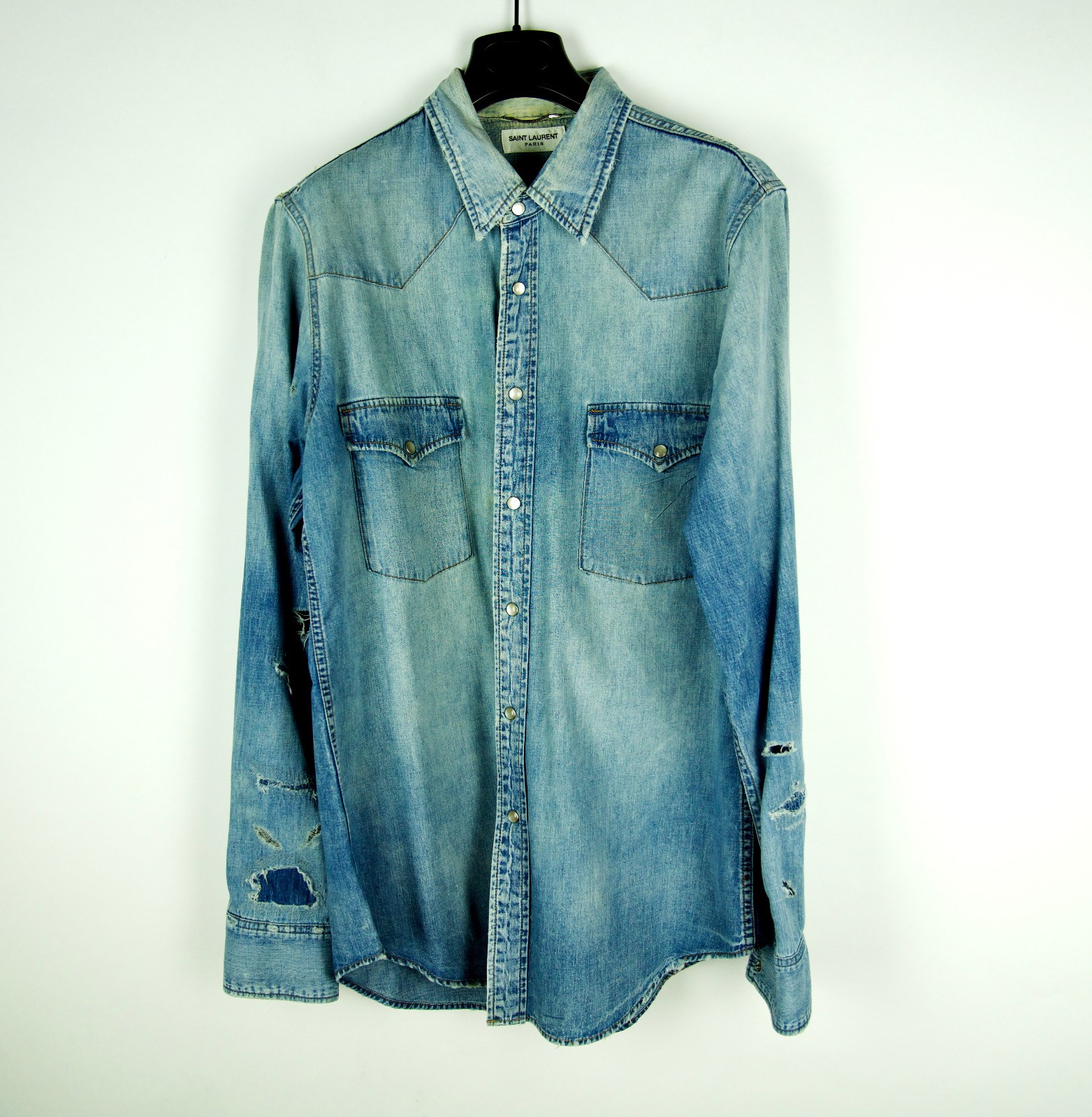 Camicia SAINT LAURENT Paris blu denim western manica lunga distrutta XL X Large