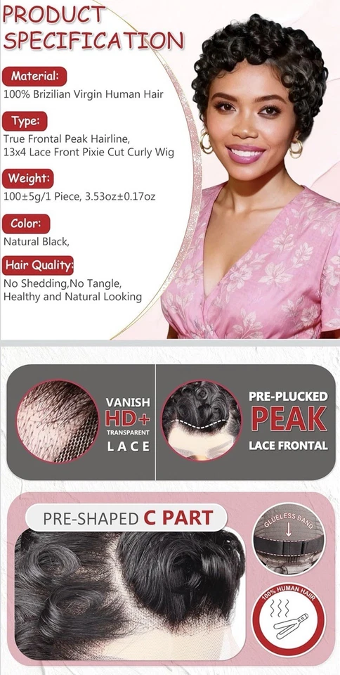 Peluca frontal de encaje rizada corte pixie 13x4 pelucas de cabello humano Foto 3 de 4