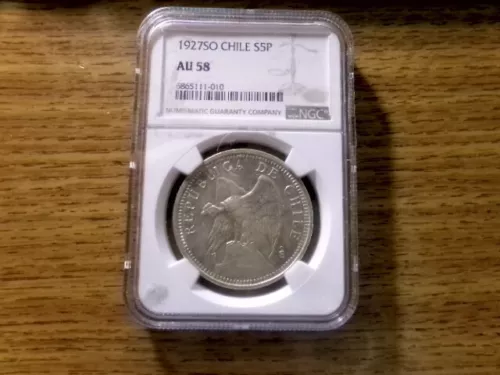 1927 So CHILE Silver 5 PESOS NGC AU-58