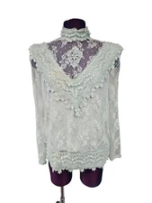 Vintage Barbara Chodos Mint Green Victorian Lace Long Sleeve Blouse Size 10 M73