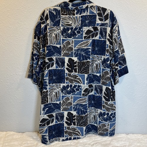 BATIK BAY Hawaiian Shirt Mens XXL Blue Silk Button Up Short Sleeve Leaf Squares - Picture 5 of 8