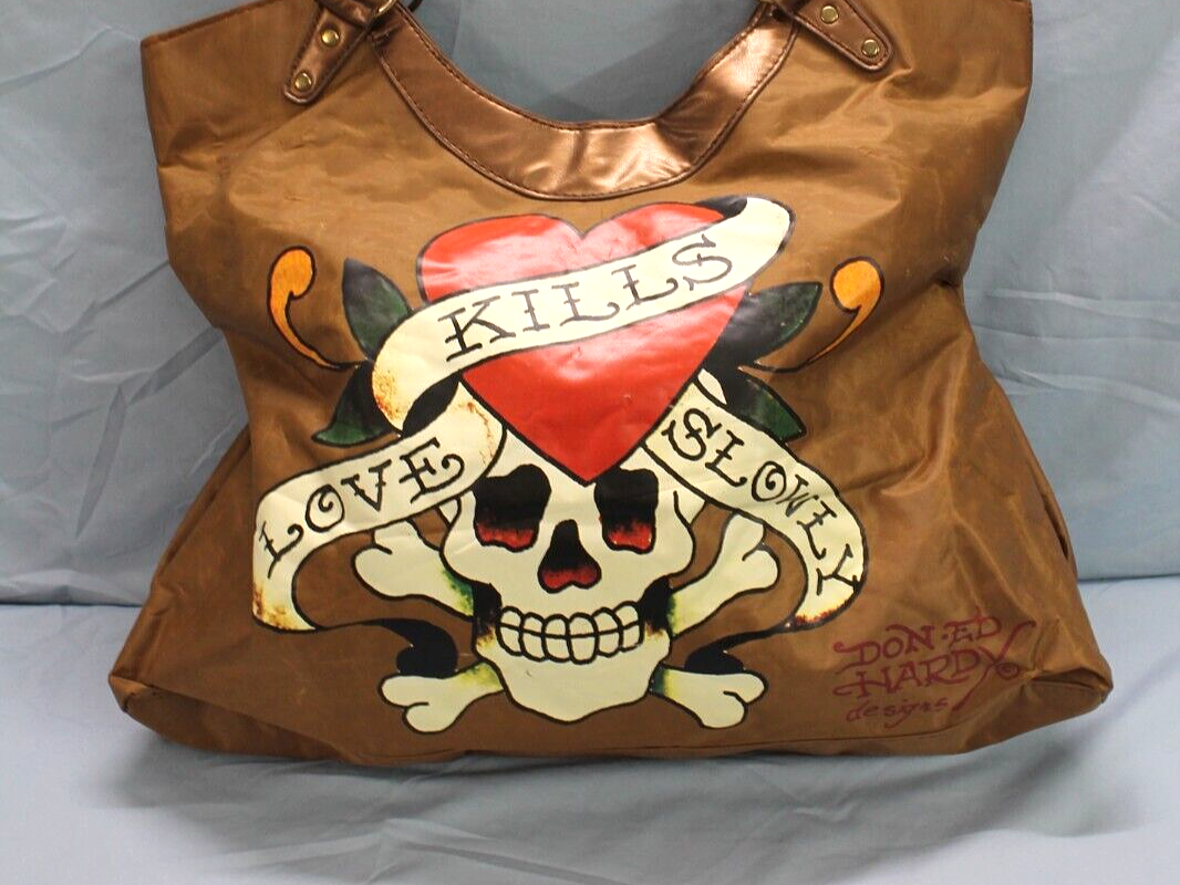 VTG ED HARDY Faux Leather LOVE KILL SLOWLY Skull Heart Tattoo Designs TOTE/BAG