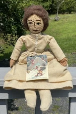 LARGE 22" Vintage Hooked Face Folk Art Girl Rag Doll Toy Dress Primitive Rustic