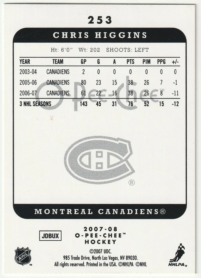 2007-08 O-Pee-Chee "Retrospective" Foil Parallel SP # 253 Chris Higgins! - Image 2 of 2