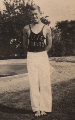 Handsome Lifeguard Man Uniform Smile Photo Surface Cracks 1930