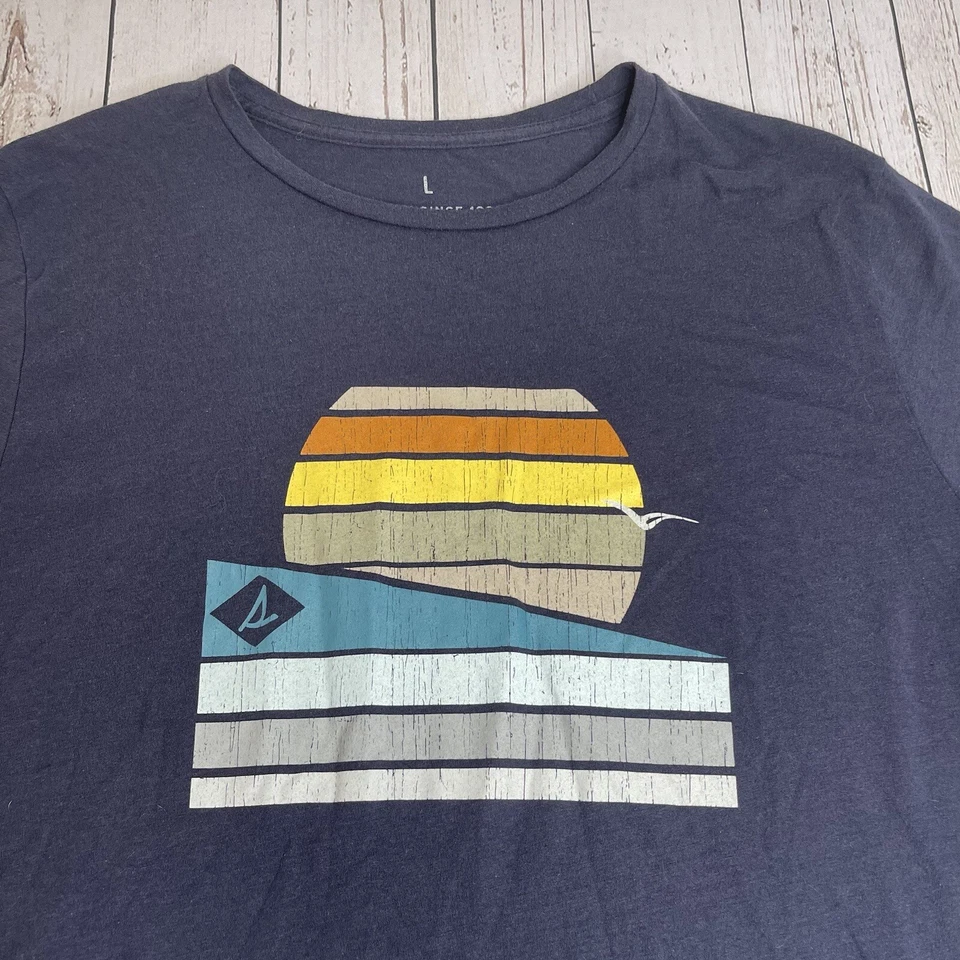 Sperry Top Sider Graphic T Shirt Sunset Beach Mens Large Navy Blue Short Sleeve - Image 2 of 4