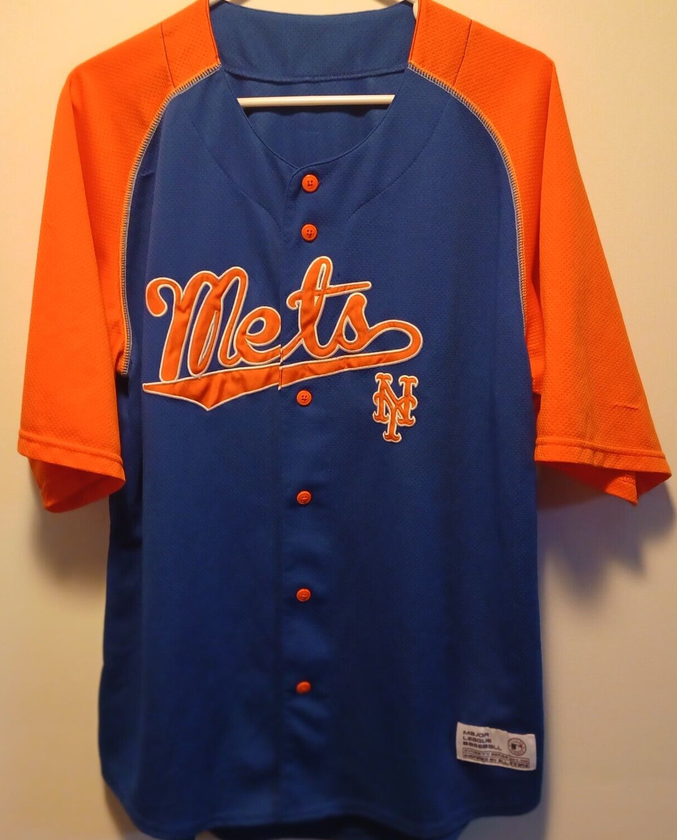 NY Mets Major League Baseball emblem blue jersey orange sleeves