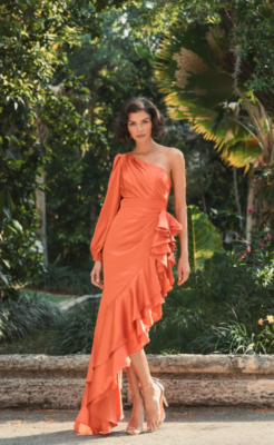 MAC DUGGAL 49531 ONE SLEEVE CUT OUT ASYMMETRICAL RUFFLED ORANGE GOWN sz 4 |  eBay