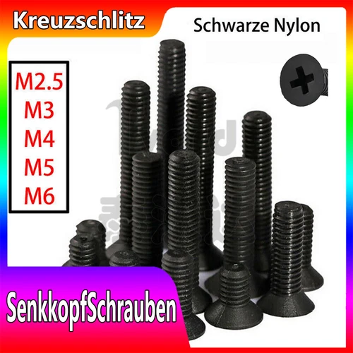Kunststoff SenkkopfSchrauben M2,5 M3 M4 M5 M6 Kreuzschlitz Schwarz Nylon DIN 965