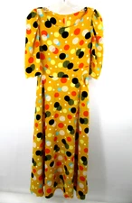 Maxi Shift Dress Women Small Yellow Polka Dots Pockets Pleated Half Sleeves