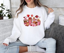 Valentines Day Coffee Cups Sweatshirt - Pink Coffee Drink Pullover - Caffeine Lo