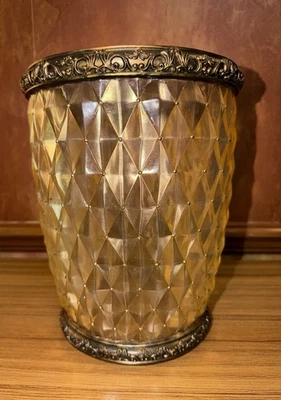 VTG PERI Hollywood Regency Amber LUCITE Quilted Bathroom Trash Can Wastebasket - Image 1 of 4