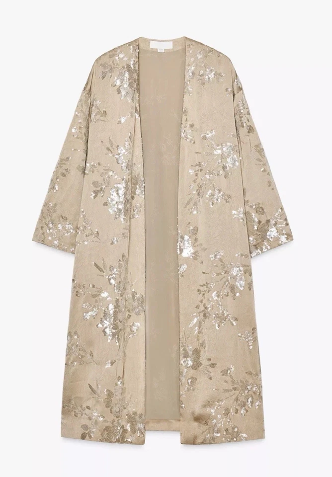 Abrigo Kimono Zara Lentejuelas Floral Satinado Beige Plata Talla XS-S 3162/850  Foto 4 de 4