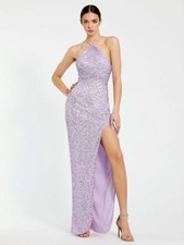 NWT Ieena for Mac Duggal Halter Ruched Side Front Slit Sequin Gown - size 10