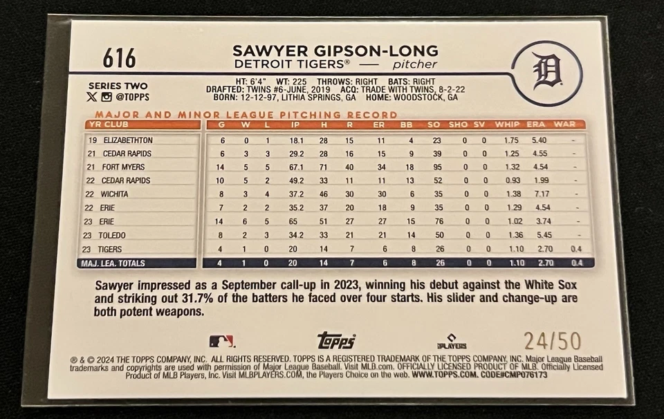 2024 Topps Series 2 Sawyer Gipson-Long #616 Mother’s Day Parallel /50 Tigers RC - Image 2 of 4