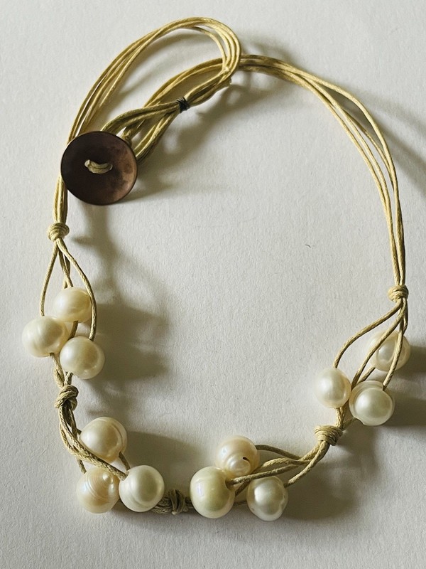 Handmade Freshwater Pearl Macramé Cord Necklace with Button Toggle Clasp