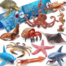 12 Pack Ocean Animal Toys with Educational Booklet for Kids, Realistic Soft P...