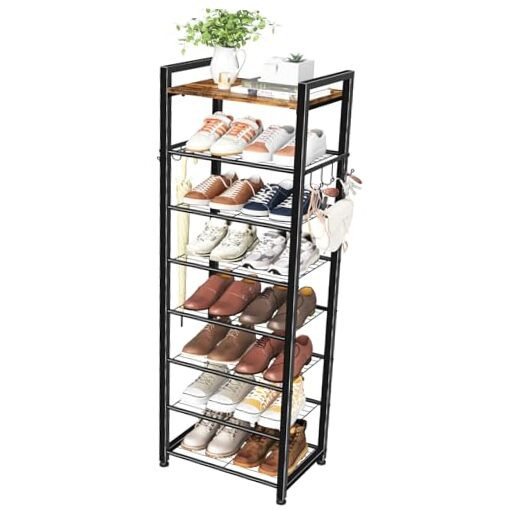 8-Tier Wooden Shoe Rack with Holds 16 Pairs & Hooks for Closet Storage