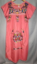 Mexican Molina Sheath Dress Salmon Multicolored Festive Floral Embroidery S