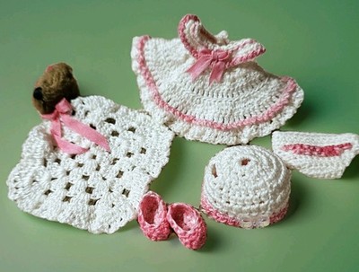 OOAK THREAD CROCHET Pink White DRESS Set 4 BABY KRISSY BARBIE SIS w/Teddy Bear++