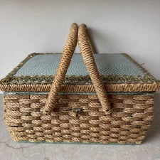 Vtg Dritz Large Sewing Basket Box 1960's Wicker Japan Polka dots Design Handles