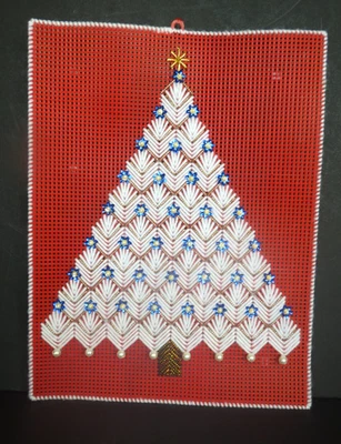 Vintage Hand Crafted Yarn Art Sequin & Faux Pearl Christmas Tree Wall Hanging - Image 1 of 4