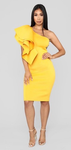 Fashion Nova Mustard Scuba One Shoulder Midi Dress Size Xl