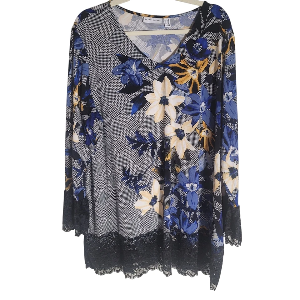 Blusa para mujer Susan Graver de punto líquido floral con detalles de encaje talla 2X elástica