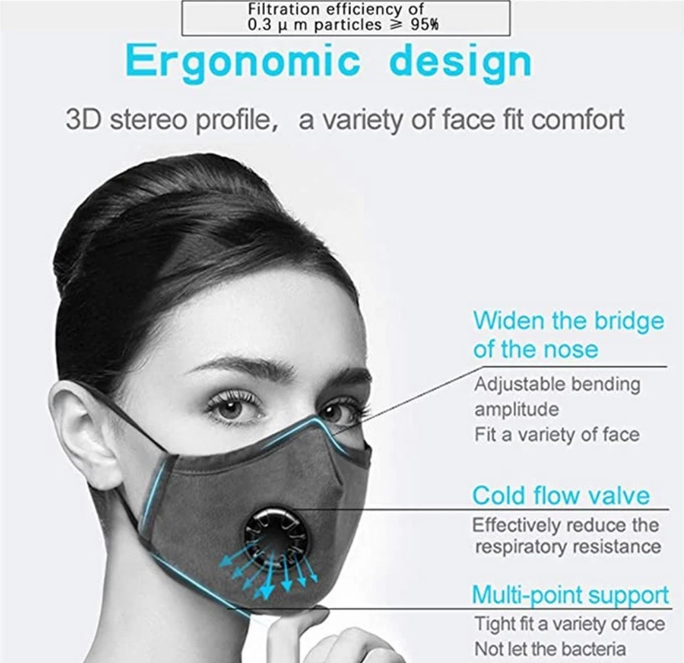 Máscara facial 100 % algodón válvula de aire reutilizable negro azul gris rojo cubierta filtro PM2.5 Foto 2 de 2