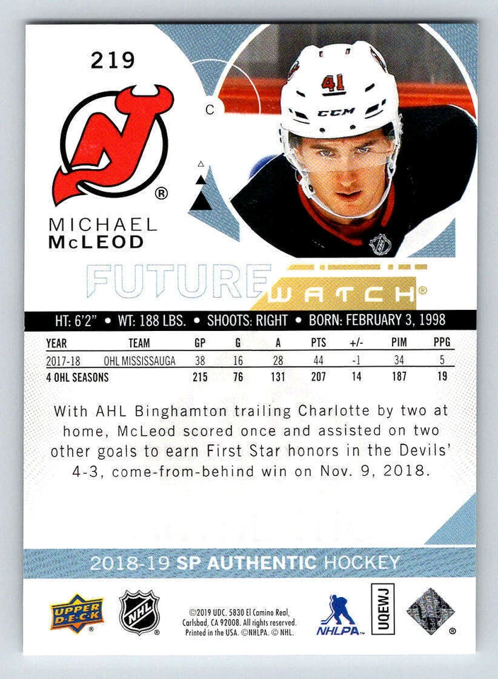 2018-19 SP Authentic #219 Michael McLeod FW RC 999 (ref 185848) - Image 2 of 2