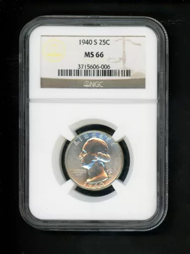 1940-S US Washington Quarter 25c .25 NGC MS66 Gem UNC Ch. Bright White Spot Free