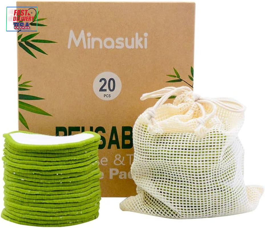 20 Pack Reusable Makeup Remover Pads - Bamboo Reusable Cotton Rounds for Toner,