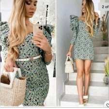 Zara Dress Mini Small Green Blue Black Floral Balloon Sleeves Long Sleeve New