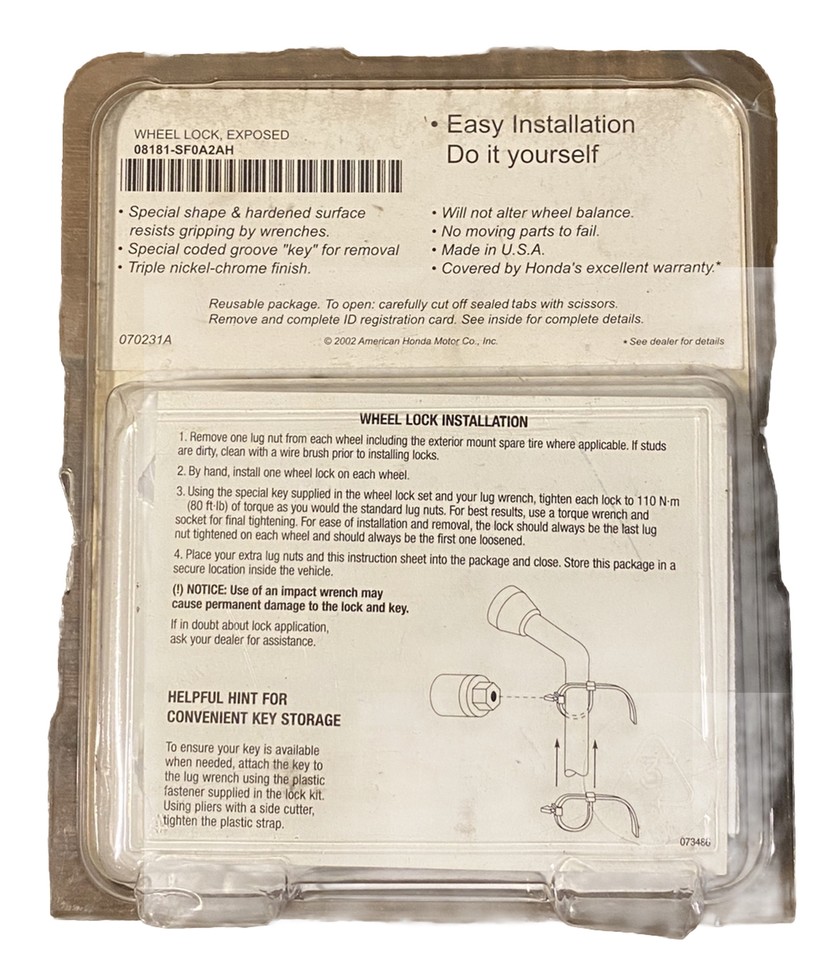 Genuine Honda Wheel Locks 08181SF0A2AH Older Package Used Complete Set