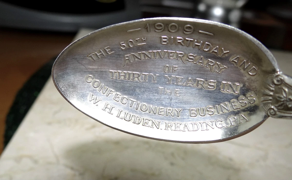 1909 WH Ludan 50th Confectionary Anniversary Sterling Souvenir Spoon Reading PA