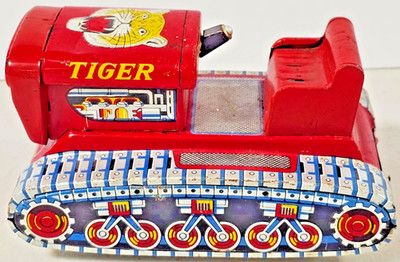 KO Japan Tin Litho Tiger Wind-Up Crawler Tractor 1960 WORKING 6'' Yoshiya Toy VTG