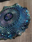 Vintage Blue Carnival Glass Bowl Electric Cobalt Diamond Point Iridescent Vivid