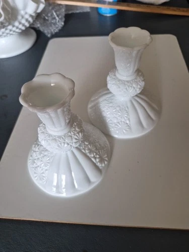 Pair Olde Virginia Glassware by Fenton  Milk Glass Daisy & Button Candle Holders