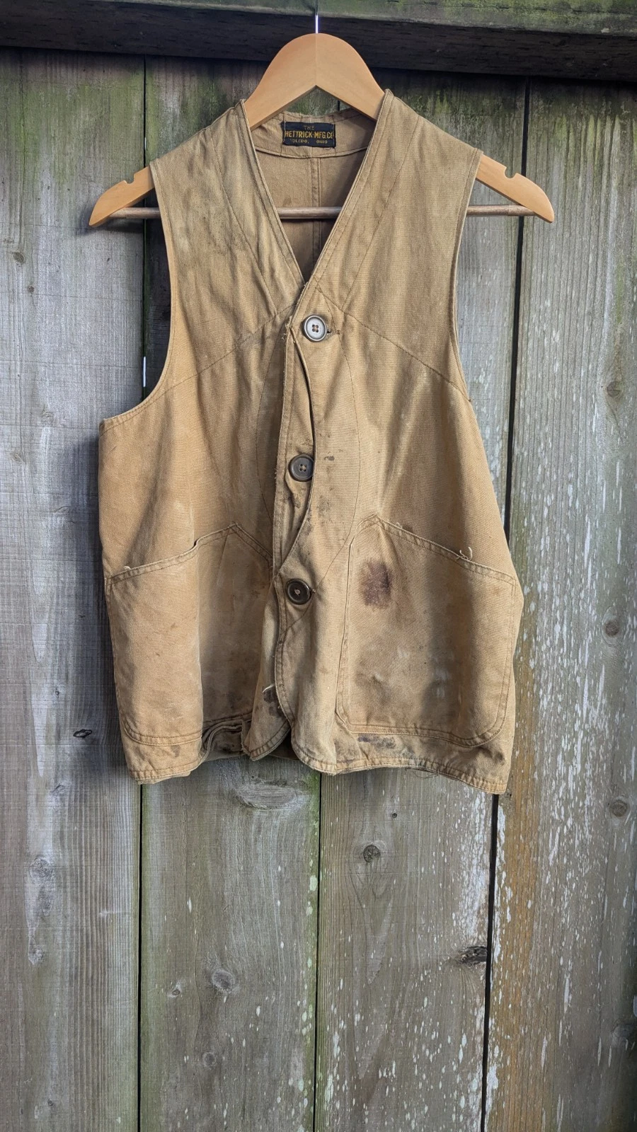 Vtg Hettrick Mfg Co 40s Half Moon Hunting Fishing Vest canvas workwear 30s
