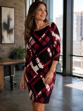 RALPH LAUREN WOMEN'S DRESS SIZE: M MEDIUM 3/4 SLEEVE GEOMETRIC BLACK RED WHITE